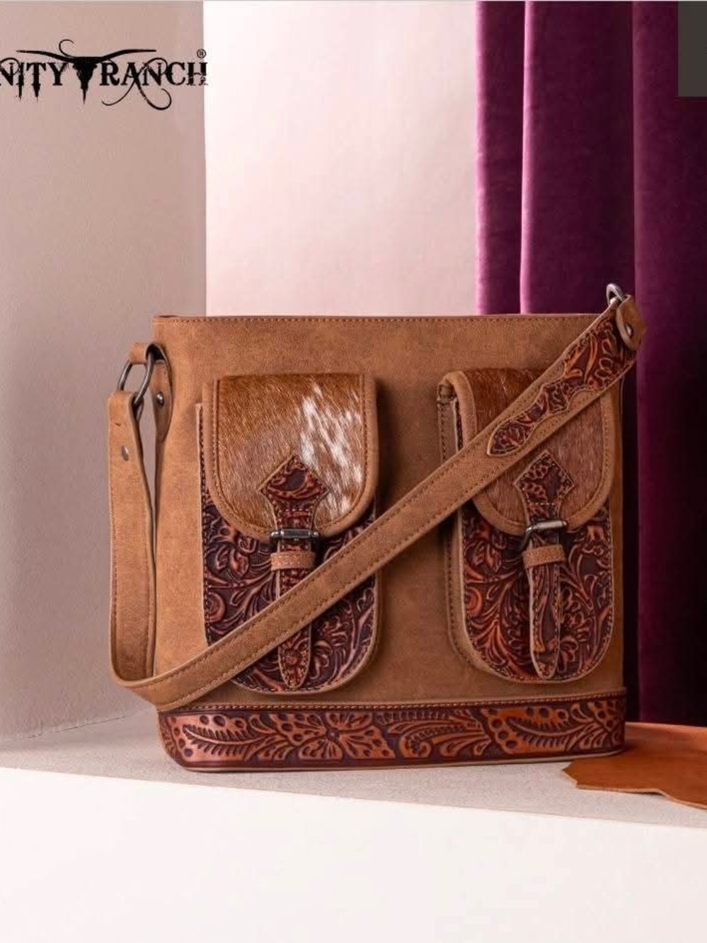 Trinity Ranch Tan Tooled Leather Hair On CCW Hobo Bag
